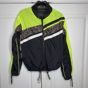 LaLa Anthony Womens Medium Windbreaker Jacket Neon Leopard Colorblock Zip Up
